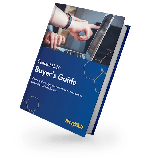 Book cover titled 'Content Hub Buyer's Guide' by BizzyWeb, featuring an image of a person pointing at a laptop.