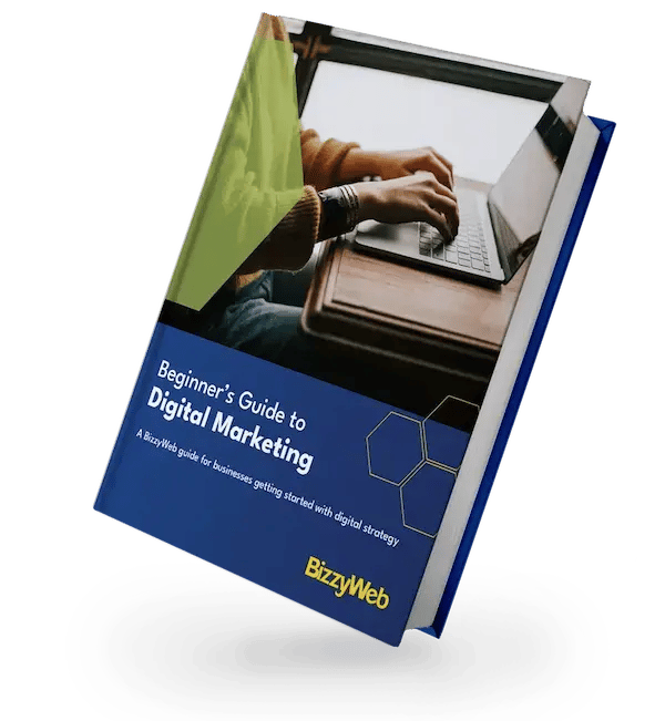 Book cover titled 'Beginner's Guide to Digital Marketing' by BizzyWeb, featuring an image of a person typing on a laptop.