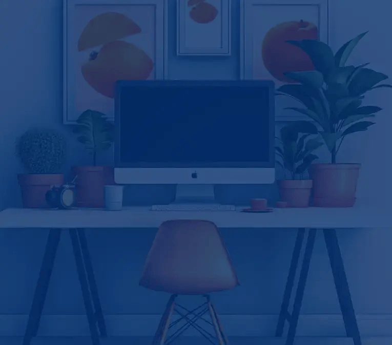 Illustration of a modern desk setup with a computer monitor, potted plants, and framed artwork on the wall. A minimalist chair is placed in front of the desk, creating a clean and organized workspace. The scene is in soft blue tones, adding a calming effect.