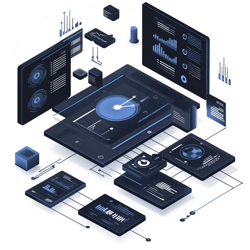 Isometric digital illustration of a data dashboard