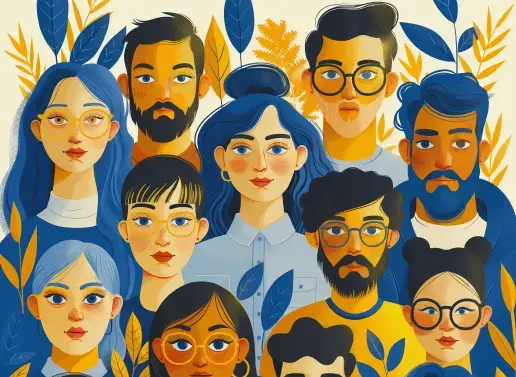 Vector illustration of a diverse group of people with unique hairstyles, glasses, and facial expressions, surrounded by abstract leaves in blue, yellow, and white tones. The illustration showcases a variety of individuals with different appearances, conveying inclusivity and diversity.