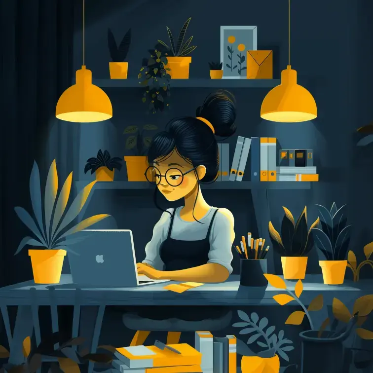 Illustration of a woman working on a laptop in a cozy, dimly lit room with warm yellow lighting. She is surrounded by plants, books, and office supplies, creating a focused yet inviting workspace atmosphere.